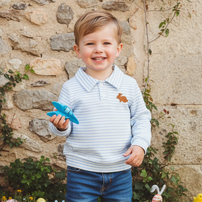 Kids Boys Easter Long Sleeve T-shirt, Turn-down Collar Embroidery Rabbit Striped Spring Fall Pullover Tops