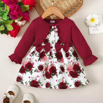 Autumn baby girls long sleeve floral dress with burgundy bodice and bow accents