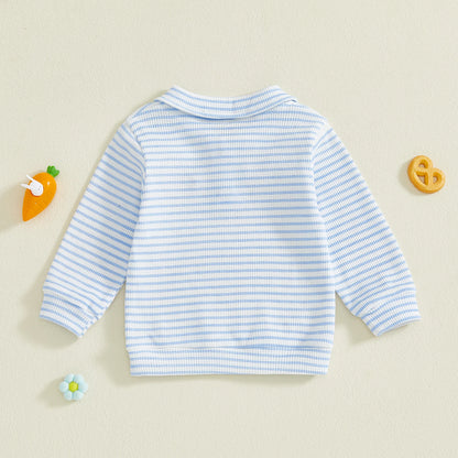 Kids Boys Easter Long Sleeve T-shirt, Turn-down Collar Embroidery Rabbit Striped Spring Fall Pullover Tops