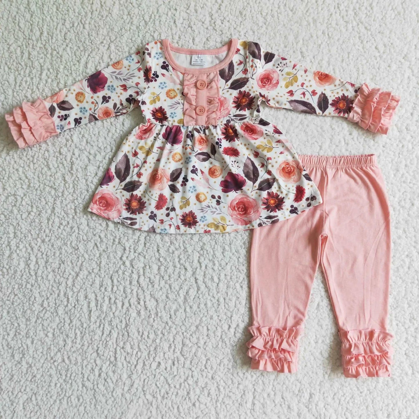 Wholesale boutique Toddler Baby Girl Clothing Pink Long Sleeves Pocket Bell Pants Flower Outfits Kids Children Fall Winter Set C1041