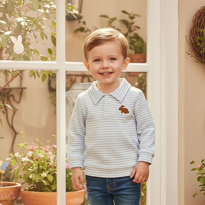 Kids Boys Easter Long Sleeve T-shirt, Turn-down Collar Embroidery Rabbit Striped Spring Fall Pullover Tops