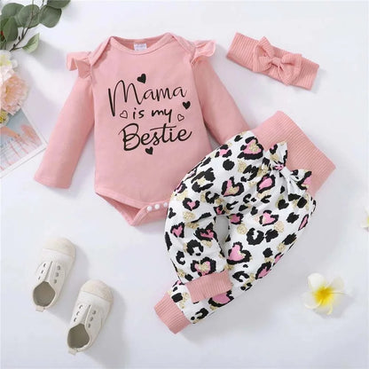 3PCS Newborn Baby Girl Daily Clothes Set Mama Print Long Sleeve Romper Top+Love Heart Print Pant+Headband Lovely Autumn Outfit C1069