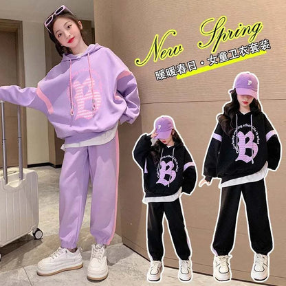 Girls Suit Long-sleeved Sweater with Hood + Trousers Two-piece Suit Fashionable Loose Harem Pants Suit Outer Wear Casual Simple C1067