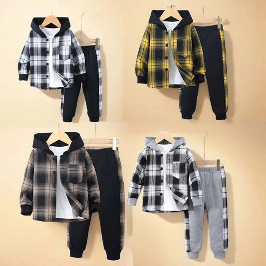 2024 Spring Winter kids boy 2-piece cotton casual long sleeve hooded coat and checkered pants sets in various plaid colors