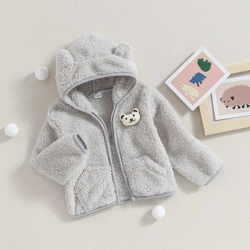 Baby Boy Girl Fuzzy Jacket Winter Clothes Long Sleeve 3D Bear Zipper Cardigan Sweatshirt Closure Fleece Tops Coat Kids Outerwear C1103