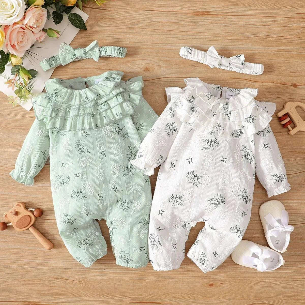 Newborn baby girl autumn bodysuit floral print long sleeve romper with matching headband and soft shoes set