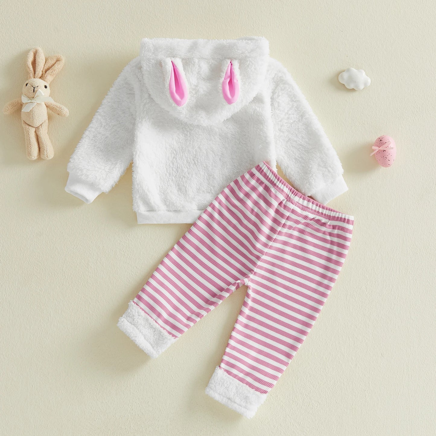 Spring Easter Kids Toddler Girl Outfit Long Sleeve Hooded Rabbit Embroidery Sweatshirt Striped Pants Clothes Set
