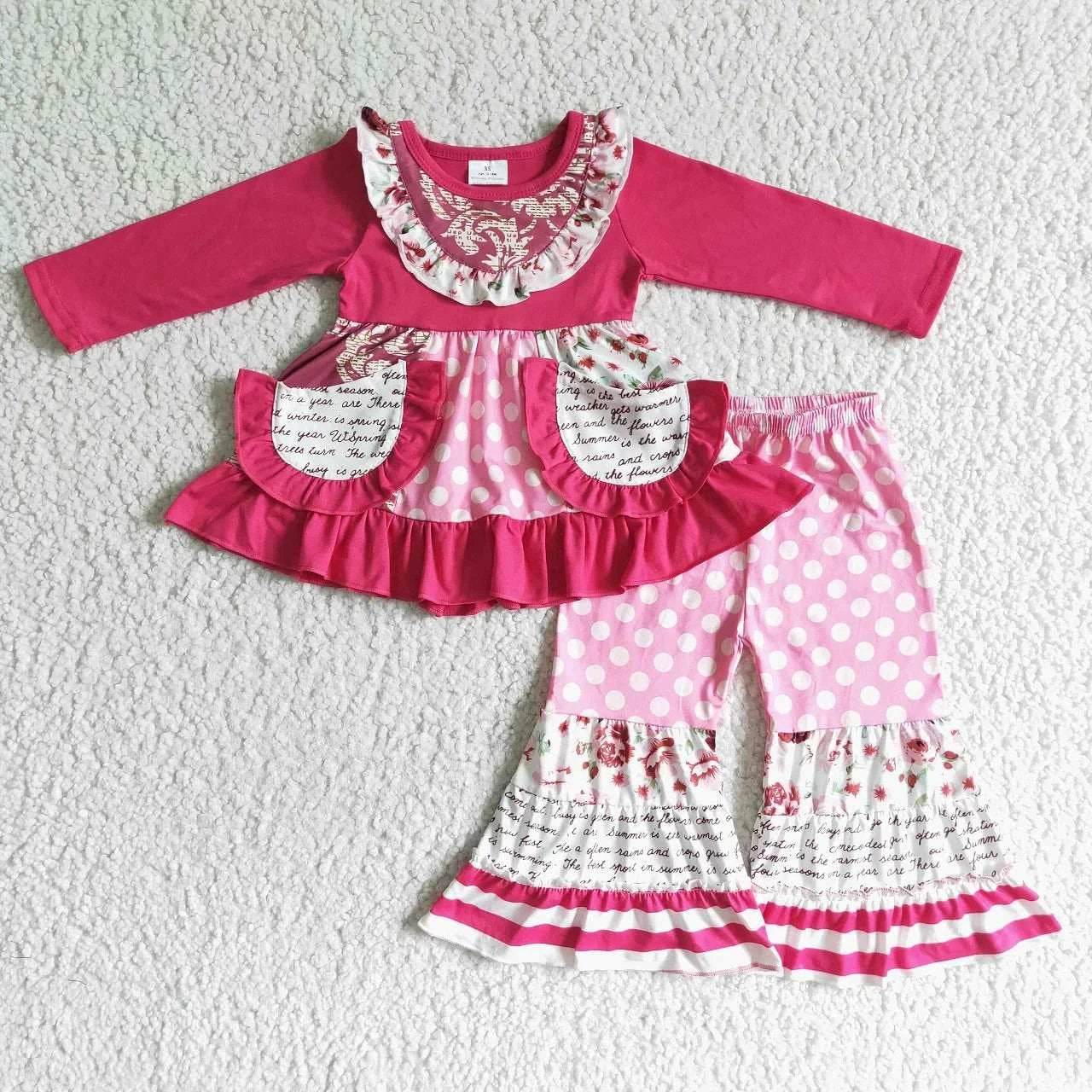 Toddler baby girl clothing pink long sleeve top with floral and script print and matching polka dot bell pants set