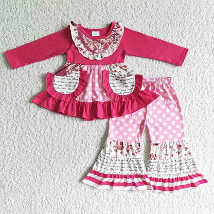 Toddler baby girl clothing pink long sleeve top with floral and script print and matching polka dot bell pants set