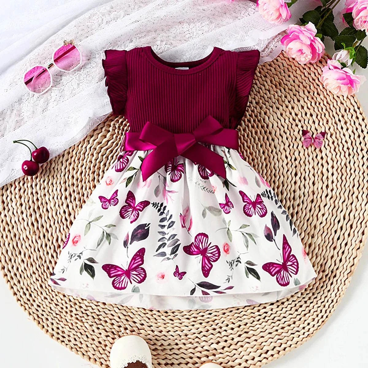 Baby girl butterfly print ruffle sleeve dress with belt and floral pattern on white skirt