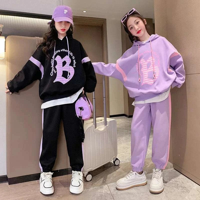 Girls suit long-sleeved sweater with hood and loose harem pants two-piece casual sporty outfit for ages 7-13 years