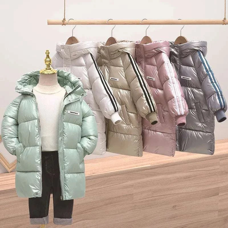 Kids winter autumn girls long hooded jackets in pastel colors with stripe detail, thick, waterproof, and stain resistant outerwear for ages 4-12 years