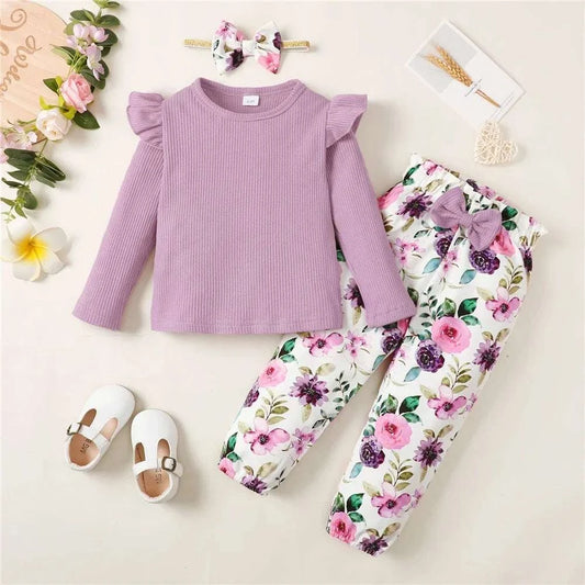 Kids girl long sleeve ribbed purple shirt with floral pants and matching headband autumn outfit set