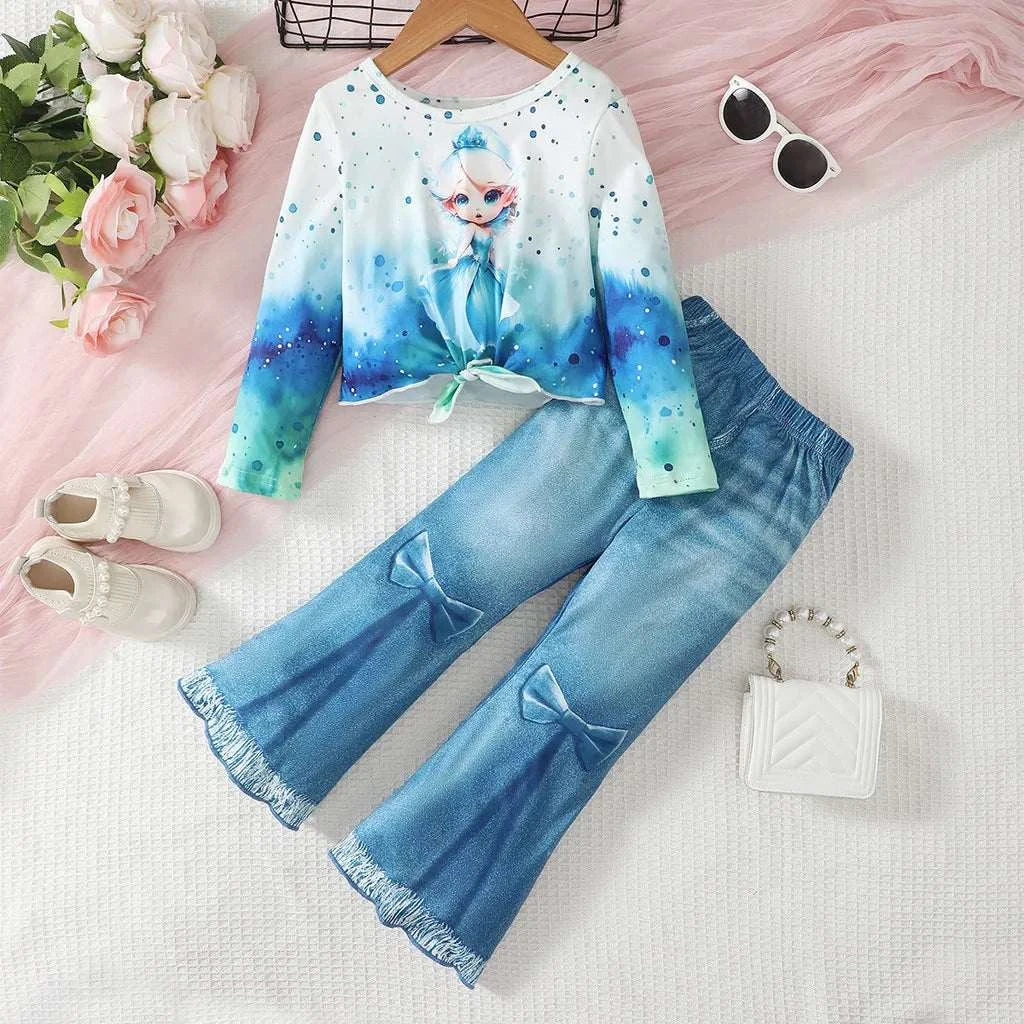 4-7 years kid girl 2PCS clothes set with long sleeve princess top and flared pants in blue gradient design for casual and party wear