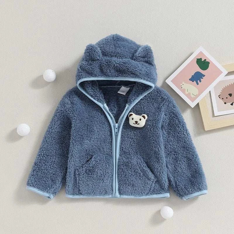 Baby Boy Girl Fuzzy Jacket Winter Clothes Long Sleeve 3D Bear Zipper Cardigan Sweatshirt Closure Fleece Tops Coat Kids Outerwear C1103