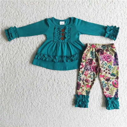 Wholesale boutique Toddler Baby Girl Clothing Pink Long Sleeves Pocket Bell Pants Flower Outfits Kids Children Fall Winter Set C1041