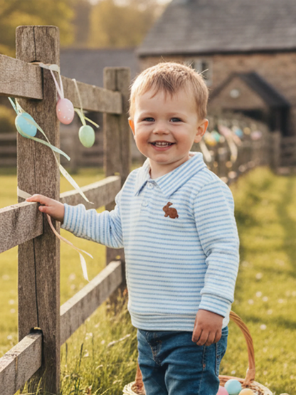 Kids Boys Easter Long Sleeve T-shirt, Turn-down Collar Embroidery Rabbit Striped Spring Fall Pullover Tops