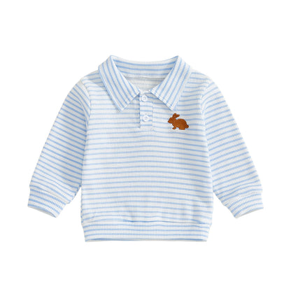 Kids Boys Easter Long Sleeve T-shirt, Turn-down Collar Embroidery Rabbit Striped Spring Fall Pullover Tops