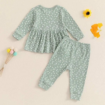Kids Spring Autumn Clothes Girl Ribbed Floral Print Long Sleeve O-neck Tops+Pants Set Children's Clothing C1043