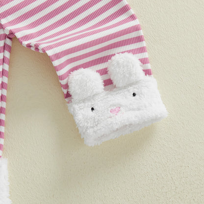Spring Easter Kids Toddler Girl Outfit Long Sleeve Hooded Rabbit Embroidery Sweatshirt Striped Pants Clothes Set