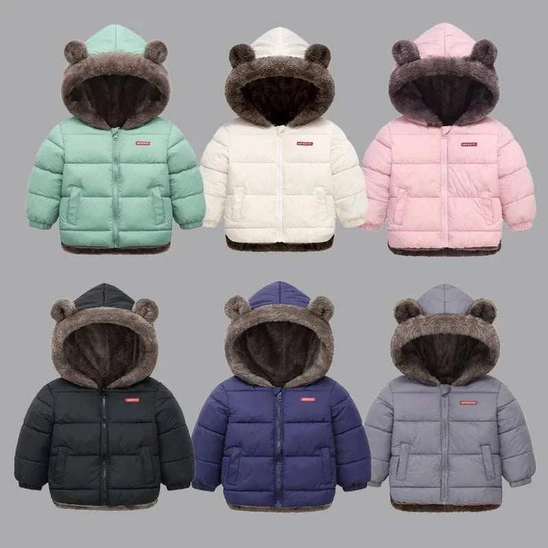 Set of six colorful cashmere children coats with hoods featuring bear ears, designed for boys and girls aged 2-6 years, thick and warm winter jackets.