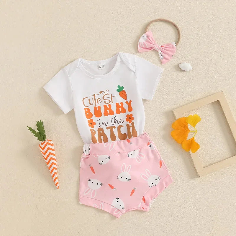 New Easter Set for Infants and Young Children, Featuring Letter Printed Short Sleeves Hoodies Shorts Fur Balls 3 Piece Headband