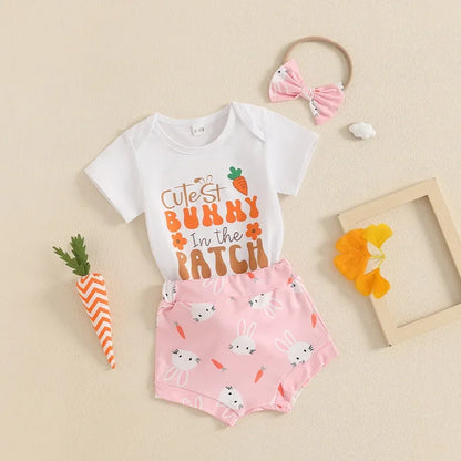 New Easter Set for Infants and Young Children, Featuring Letter Printed Short Sleeves Hoodies Shorts Fur Balls 3 Piece Headband