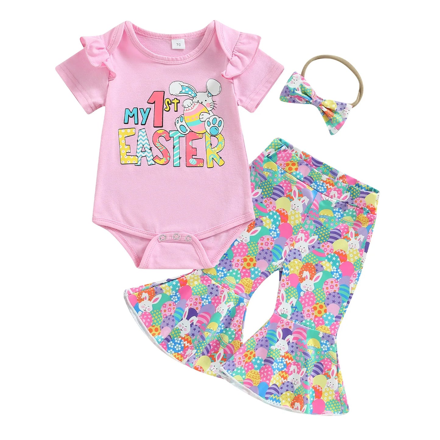 European and American Easter Children's Clothing, Girls Letter Printed Short Sleeved Bunny Bell Bottom Pants+bow Tie 3 Piece Set