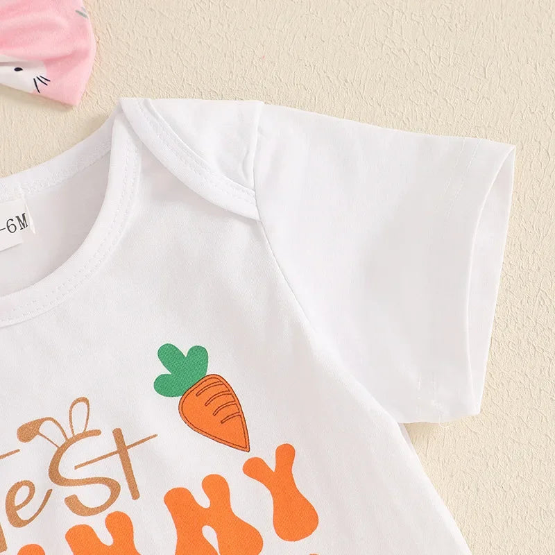 New Easter Set for Infants and Young Children, Featuring Letter Printed Short Sleeves Hoodies Shorts Fur Balls 3 Piece Headband