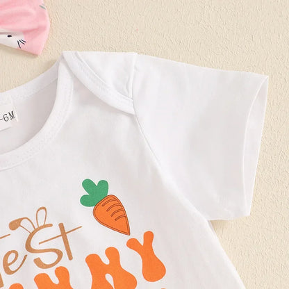 New Easter Set for Infants and Young Children, Featuring Letter Printed Short Sleeves Hoodies Shorts Fur Balls 3 Piece Headband