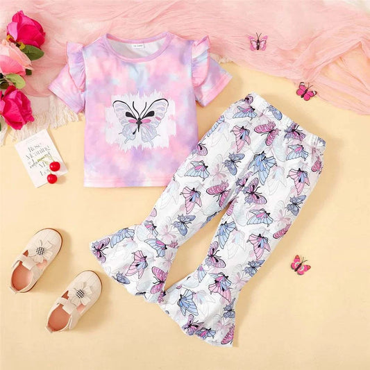 Girls summer outfit set with tie-dyed short sleeve top and butterfly print pants for ages 1-6 years