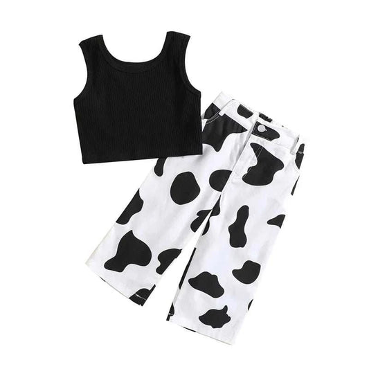 Kids girls summer outfit with black ribbed sleeveless tank top and white elastic cow print pants set