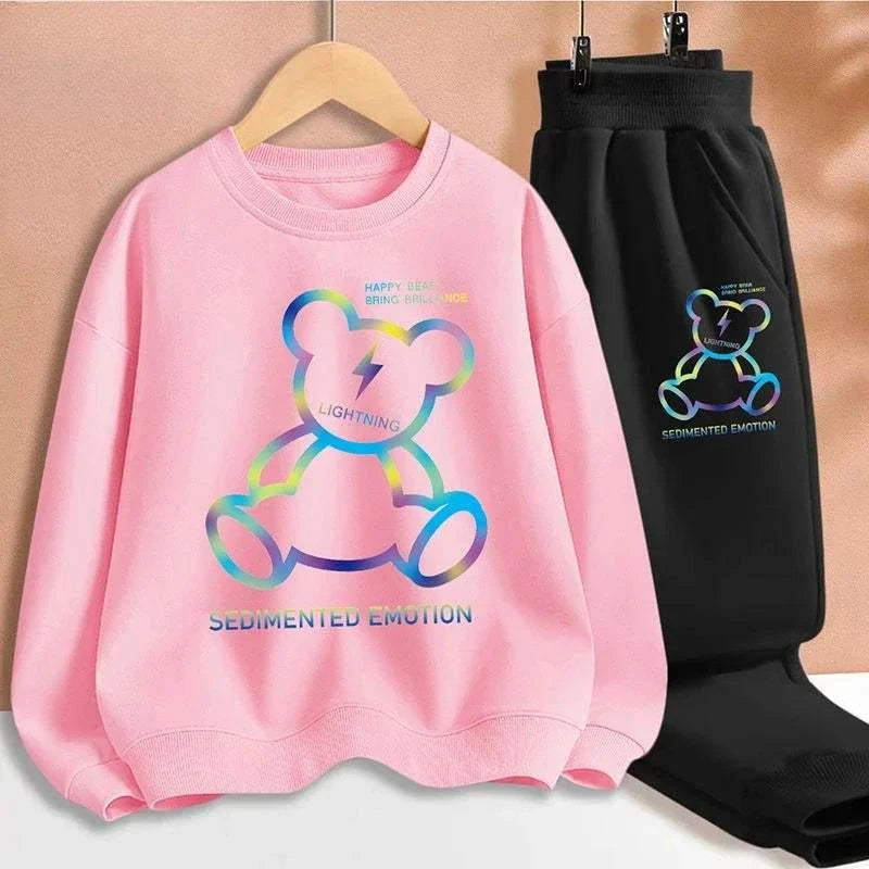 Children boy clothes set with pink cartoon bear print sweatshirt and black pants tracksuit for autumn.