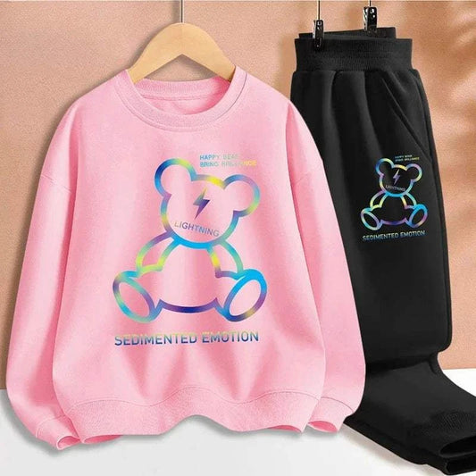 Children boy clothes set with pink cartoon bear print sweatshirt and black pants tracksuit for autumn.