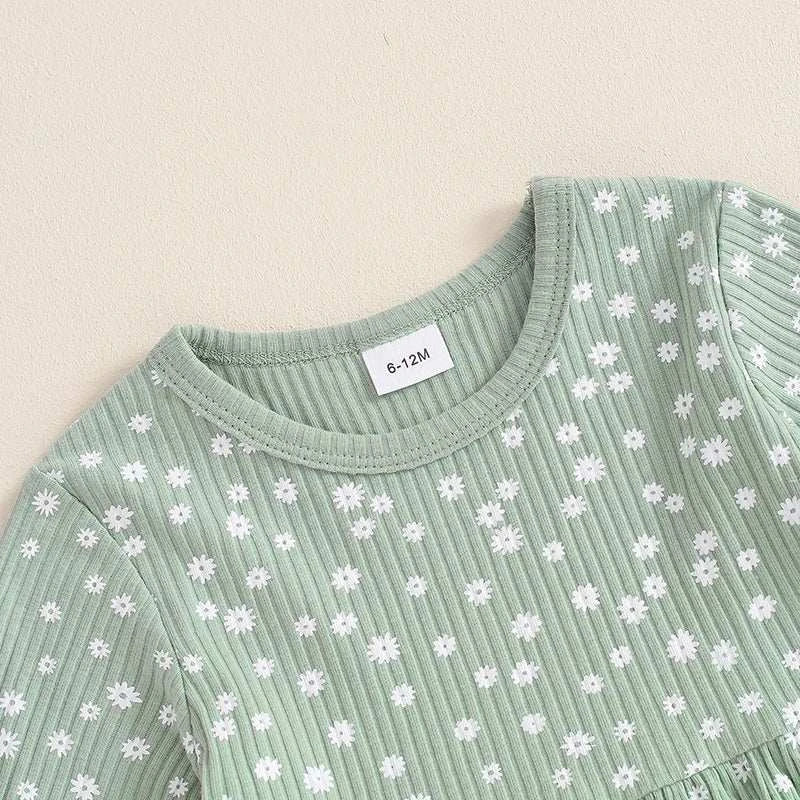 Kids Spring Autumn Clothes Girl Ribbed Floral Print Long Sleeve O-neck Tops+Pants Set Children's Clothing C1043