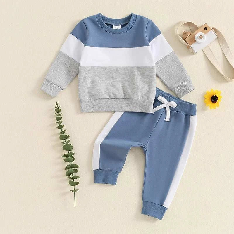 Toddler Baby Boy Girl Clothes Set Color Block Long Sleeve Crewneck Sweatshirts and Drawstring Pants 2Pcs Fall Winter Outfits Set C1045