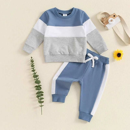 Toddler Baby Boy Girl Clothes Set Color Block Long Sleeve Crewneck Sweatshirts and Drawstring Pants 2Pcs Fall Winter Outfits Set C1045