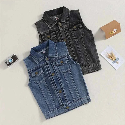 2-7 years kids sleeveless denim vest jackets with turn-down collar and button closure in blue and gray-black colors