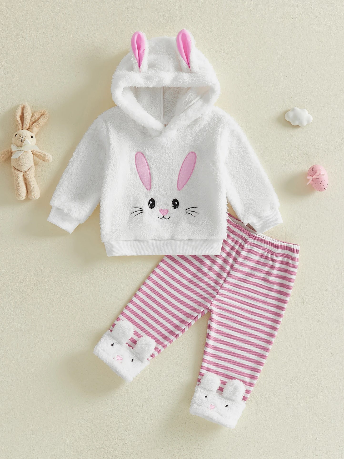 Spring Easter Kids Toddler Girl Outfit Long Sleeve Hooded Rabbit Embroidery Sweatshirt Striped Pants Clothes Set