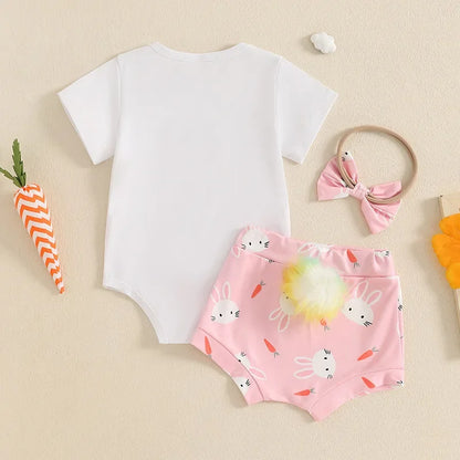 New Easter Set for Infants and Young Children, Featuring Letter Printed Short Sleeves Hoodies Shorts Fur Balls 3 Piece Headband