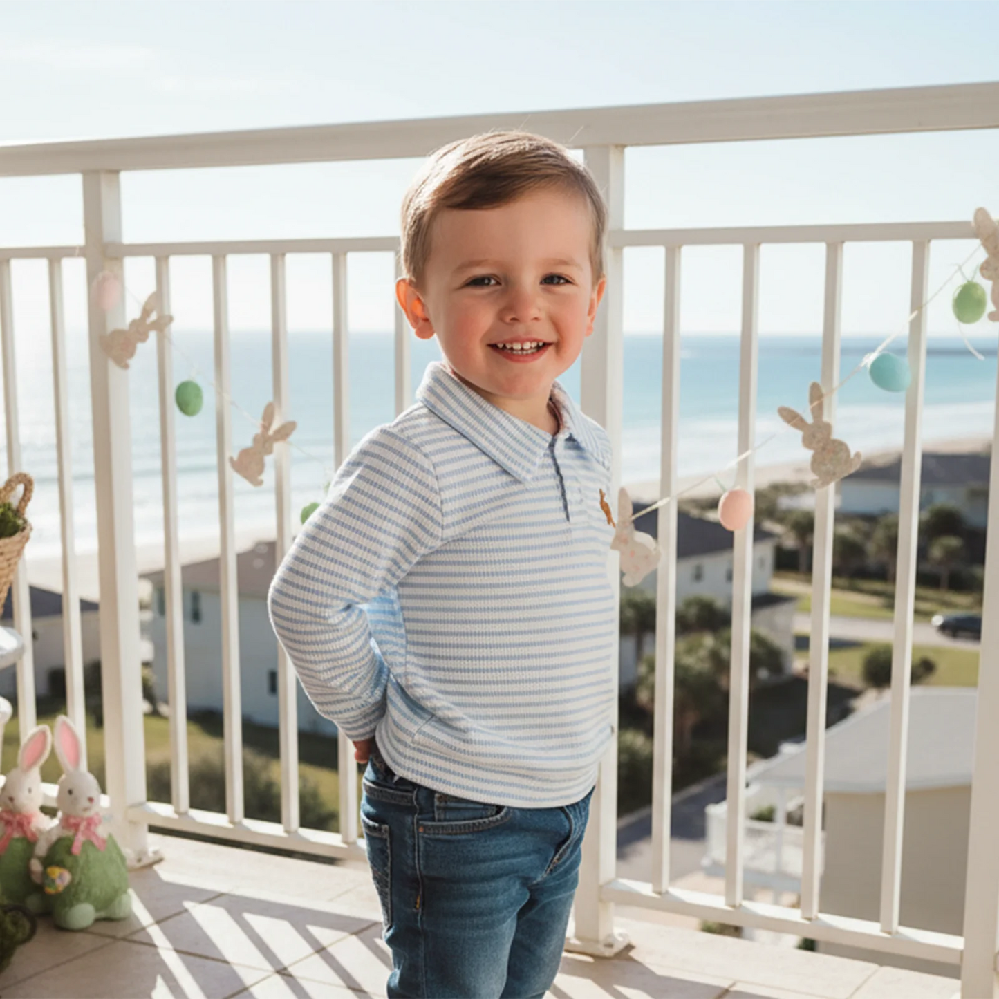 Kids Boys Easter Long Sleeve T-shirt, Turn-down Collar Embroidery Rabbit Striped Spring Fall Pullover Tops