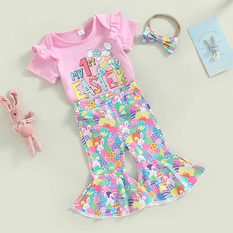 European and American Easter Children's Clothing, Girls Letter Printed Short Sleeved Bunny Bell Bottom Pants+bow Tie 3 Piece Set
