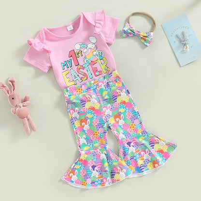 European and American Easter Children's Clothing, Girls Letter Printed Short Sleeved Bunny Bell Bottom Pants+bow Tie 3 Piece Set