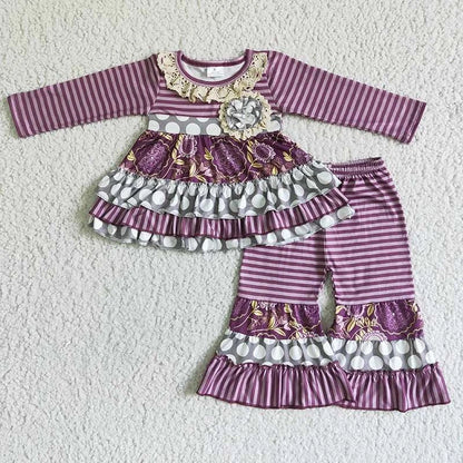 Wholesale boutique Toddler Baby Girl Clothing Pink Long Sleeves Pocket Bell Pants Flower Outfits Kids Children Fall Winter Set C1041