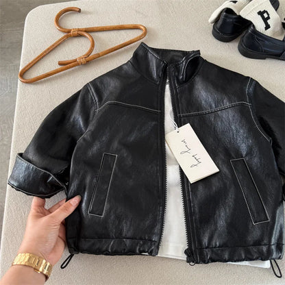 Children's Coat 2025 New Autumn Product Children's Embroidered Leather Coat Baby Letter Zipper Sweater Trendy