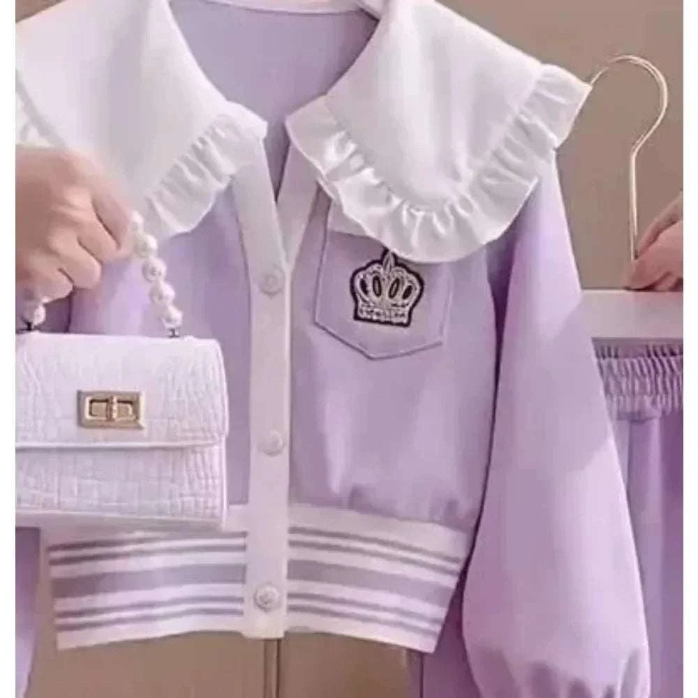 Two-Piece Sets Teen Children Kids Spring Doll Collar Tracksuits for 3-14Y Loungewear School Clothes for Girls Coats Pants C1060