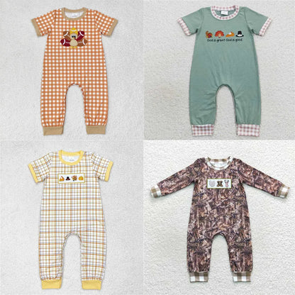 Wholesale Thanksgiving western boutique newborn toddler Baby Boys Embroidered Turkey khaki border checkered short-sleeved onesie C1019