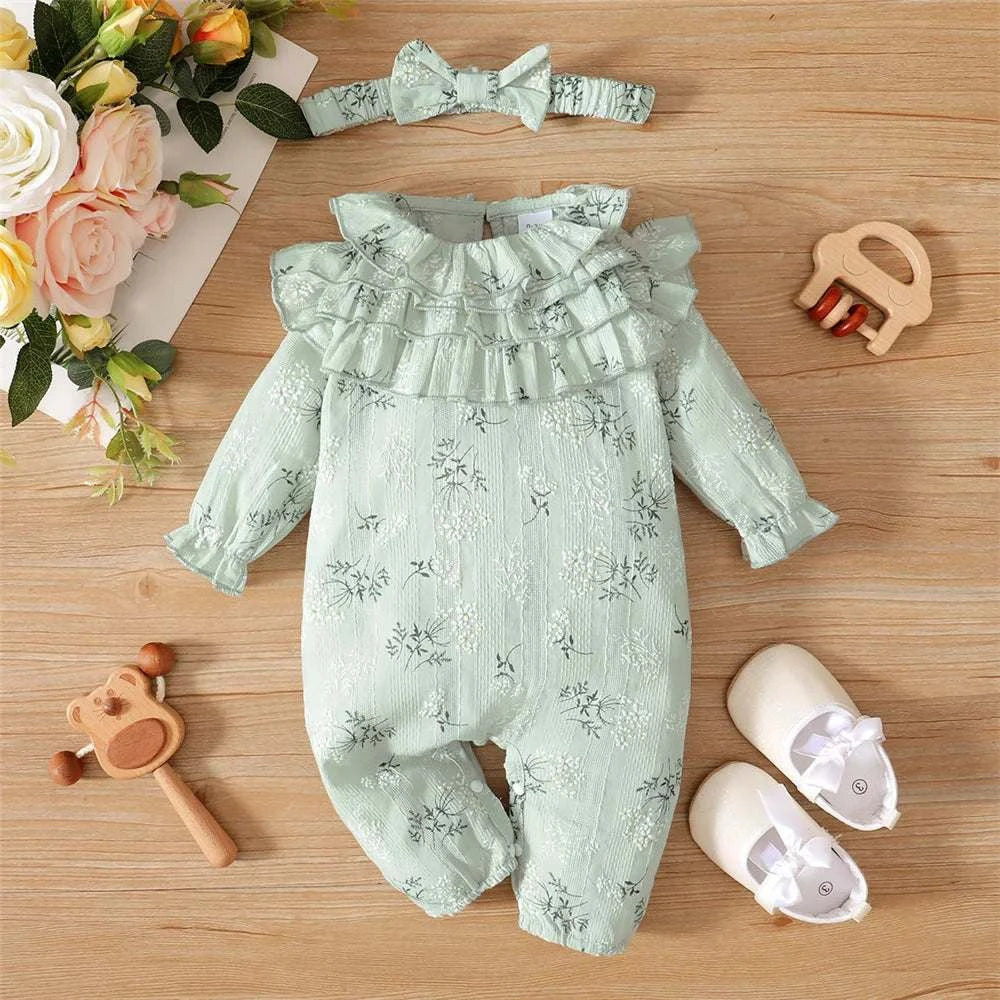 Newborn Baby Girl Spring and Autumn Bodysuit Floral Print Long Sleeve Romper with Headband Onesie Clothes for Infant 0-18 Months C1068