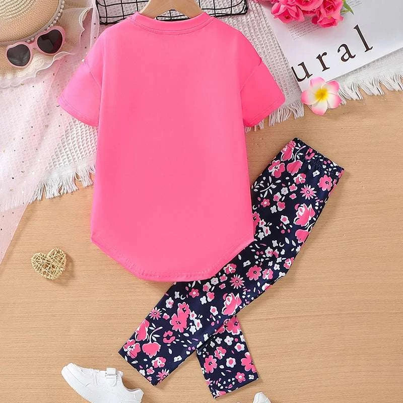 Summer Girls Clothing Sets 2024 New Cotton Fashion Short Sleeve T-shirt + Long Pants 2Pcs Suit for Kids Clothes 4 5 6 7 Years C1083