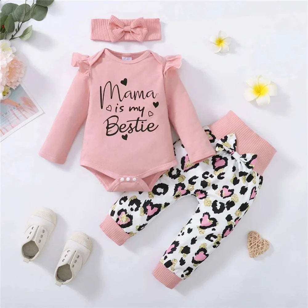 3PCS newborn baby girl autumn outfit with mama print pink long sleeve romper, love heart print pants, and matching headband